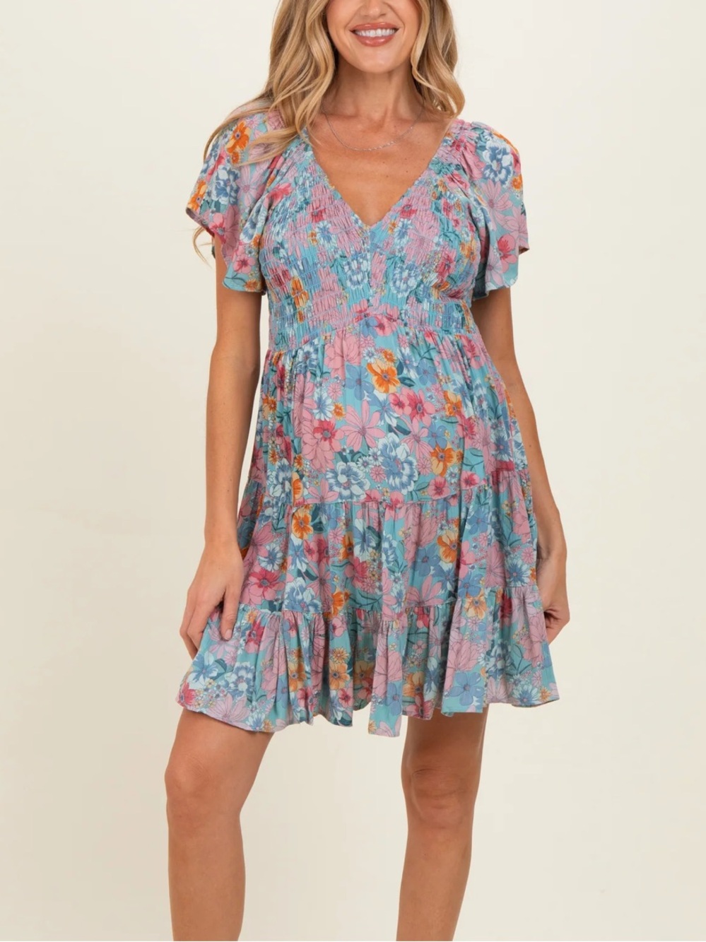 NWOT Pink Blush Teal V Neck Smocked Bust Short Sleeve Short Maternity Dress